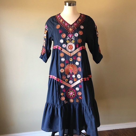 Dresses & Skirts - Navy Blue Embroidered Festival Boho Midi Dress